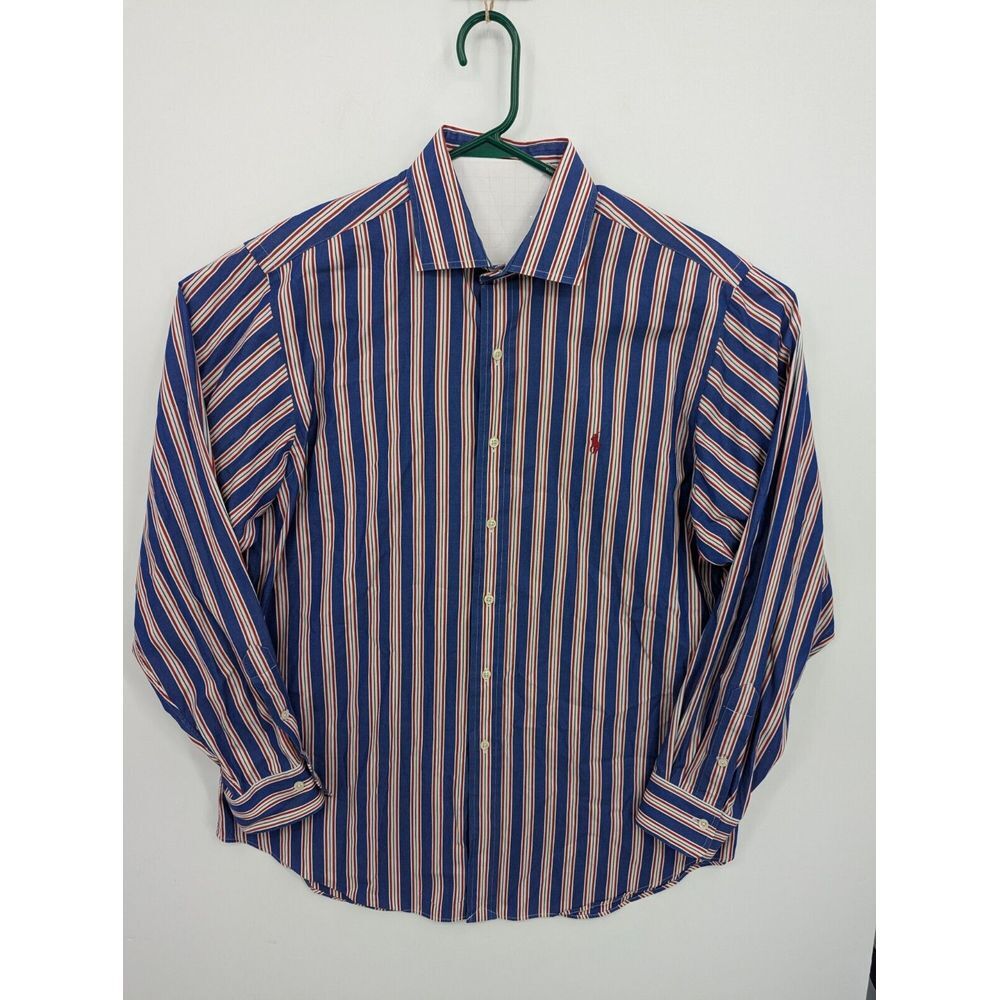Polo Ralph Lauren VTG Regent Classic Fit Blue Red Striped Dress Shirt Mens XL 17